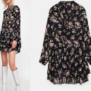 Zara Black Multicolor Floral Chiffon Sheer Long Sleeve Ruffle Tunic Dress XS